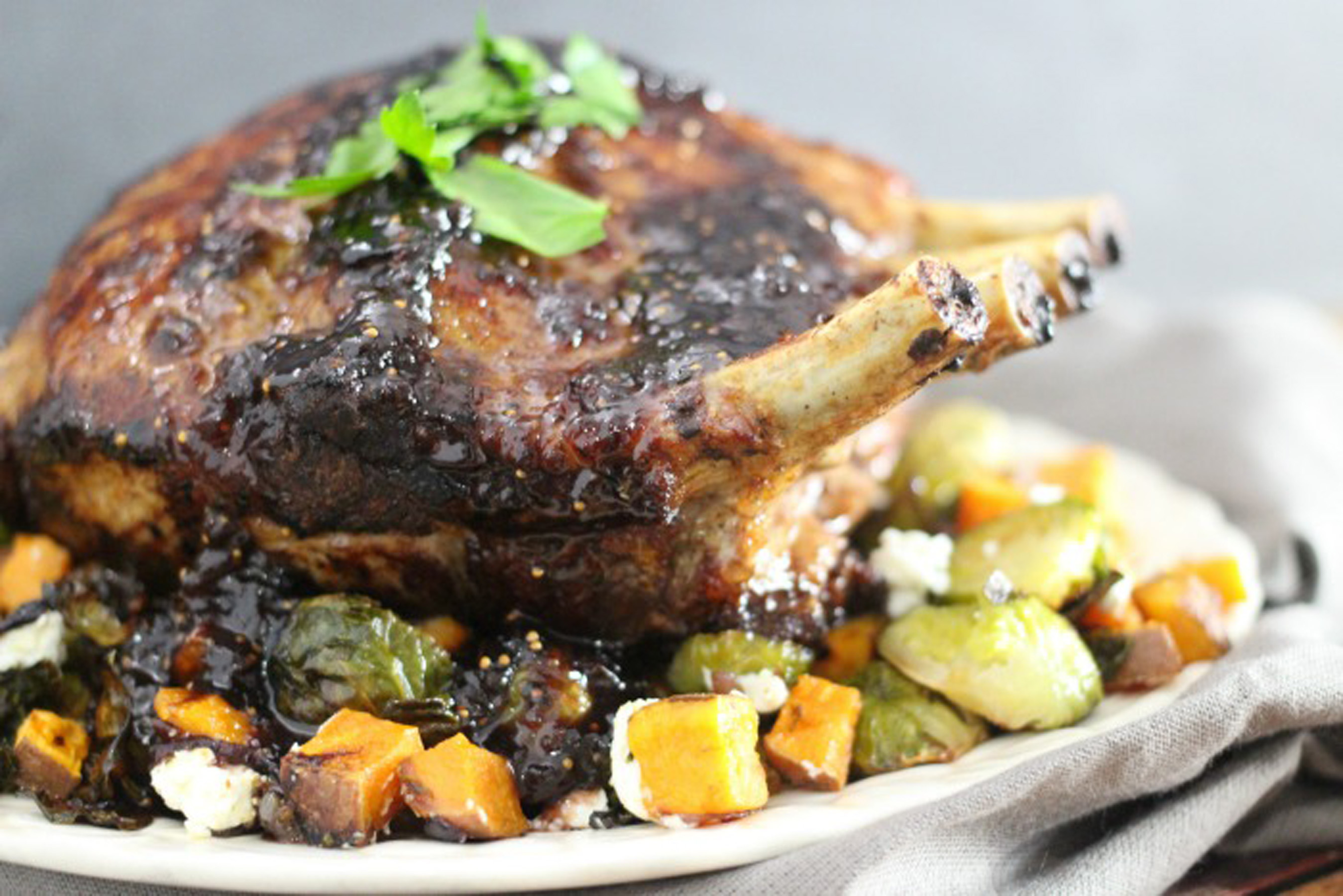 Fig Glazed Rack of Pork with Roasted Brussels Sprouts and Sweet