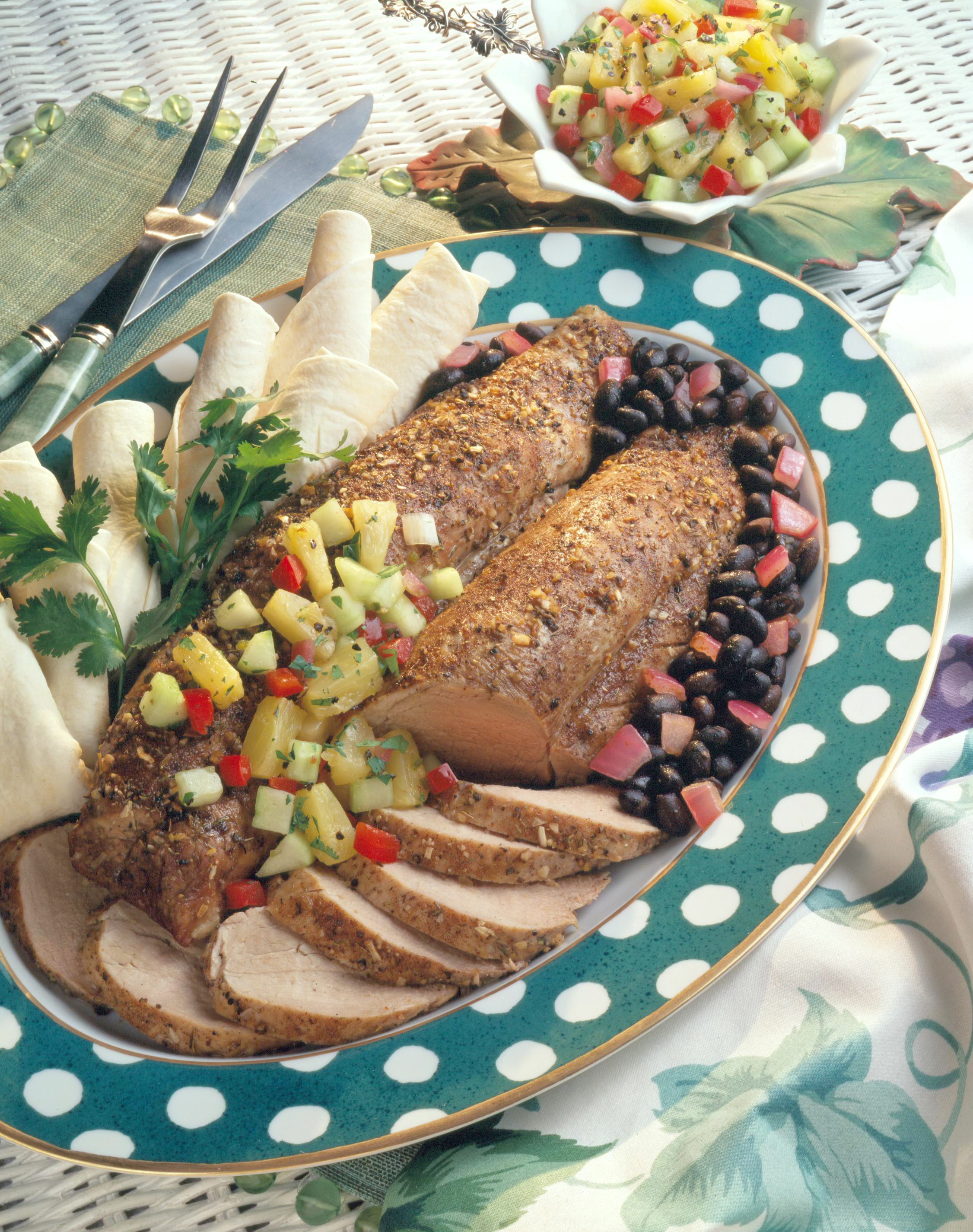 Jerk Pork Tenderloin with Black Beans and Pineapple & Cucumber Salsa